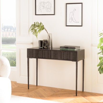 GLORIA Black Mango Wood Console Table with 2 Carved Drawers