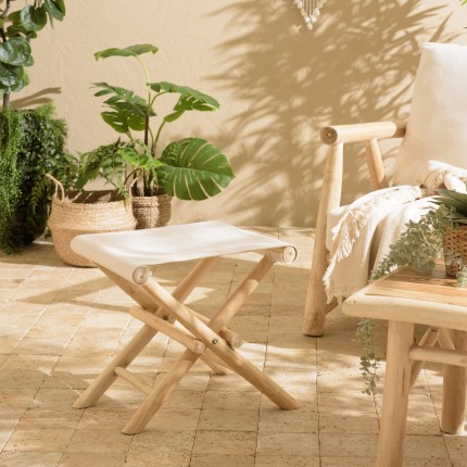 WILL - Folding Stool in Teak Branches | Crossed Legs & Fabric Seat