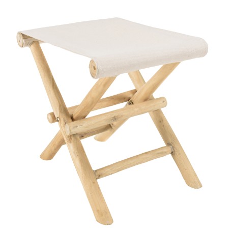Tabouret pliant en branches de teck - Pieds croisés - Assise tissu