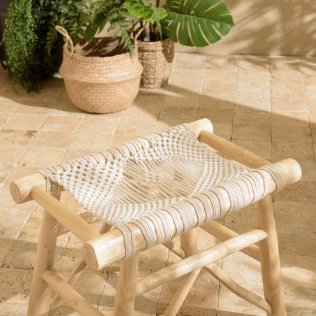 Tabouret WILL en teck naturel et macramé blanc