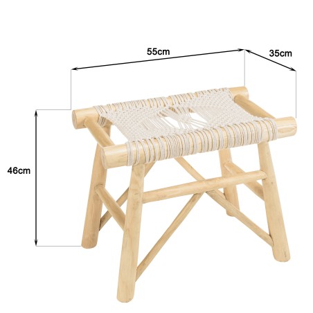 Tabouret WILL en teck naturel et macramé blanc