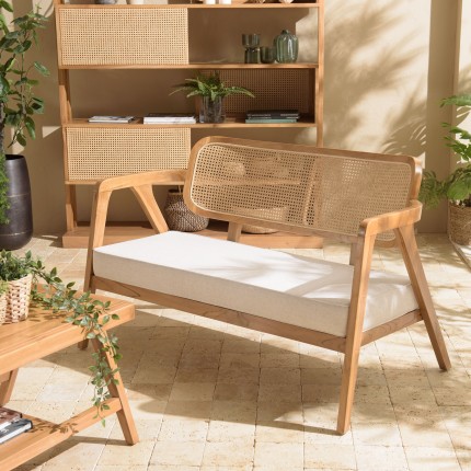 WILL - FLORES 2-seater Teak Sofa with Natural Cane Backrest and Grey Cushion