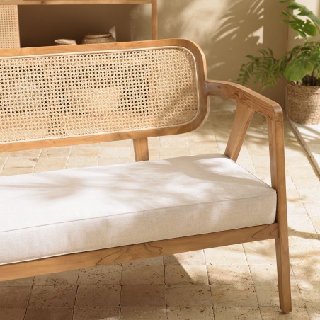 WILL - FLORES 2-seater Teak Sofa with Natural Cane Backrest and Grey Cushion