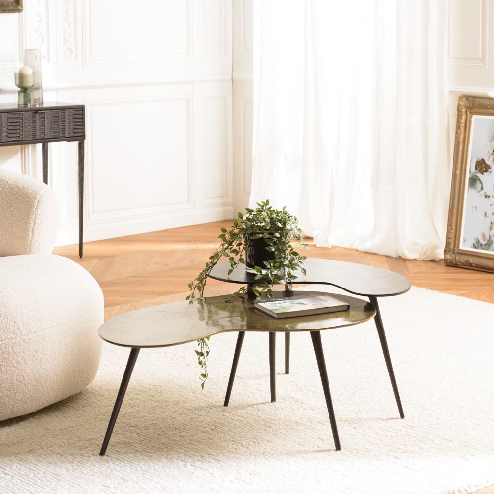 JAMES - Set of 2 Oval Coffee Tables in Matte Black and Gold Aluminum JAMES - Set of 2 Oval Coffee Tables in Matte Black and Gold Aluminum