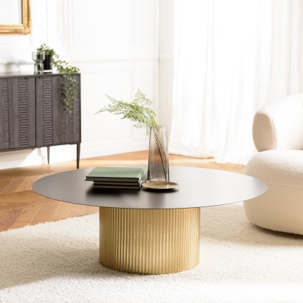 Table basse ronde JAMES 110x110cm en fer noir et pied doré