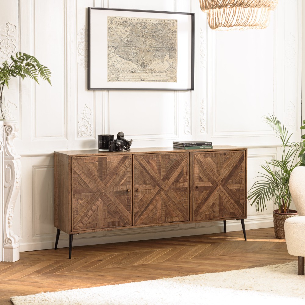 KIARA Sideboard 3 Doors Recycled Wood Symmetrical Shapes Metal Legs KIARA Sideboard 3 Doors Recycled Wood Symmetrical Shapes Metal Legs