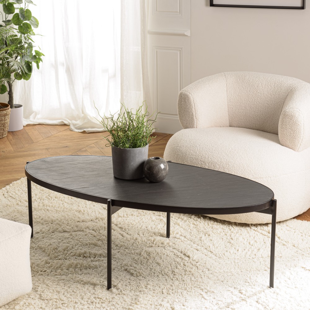 BASILE Oval Coffee Table 131x65cm Black Stone Effect with Metal Legs BASILE Oval Coffee Table 131x65cm Black Stone Effect with Metal Legs