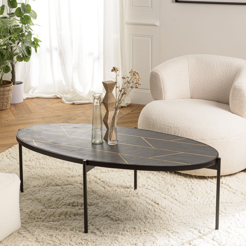 BASILE Oval Coffee Table 131x65cm - Stone Effect & Gold Motifs BASILE Oval Coffee Table 131x65cm - Stone Effect & Gold Motifs