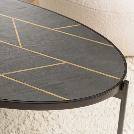 BASILE Oval Coffee Table 131x65cm - Stone Effect & Gold Motifs