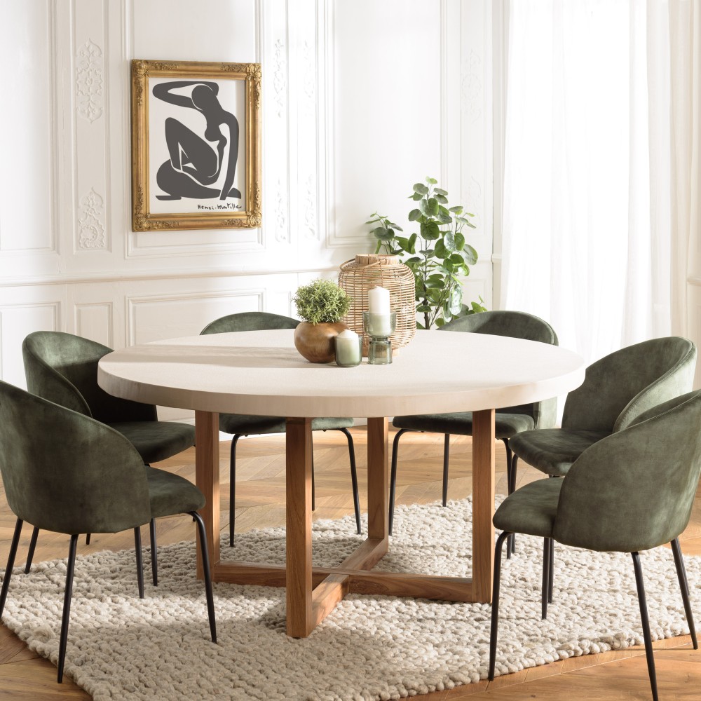Table à manger ronde WALLY 153x153cm béton beige teck Table à manger ronde WALLY 153x153cm béton beige teck