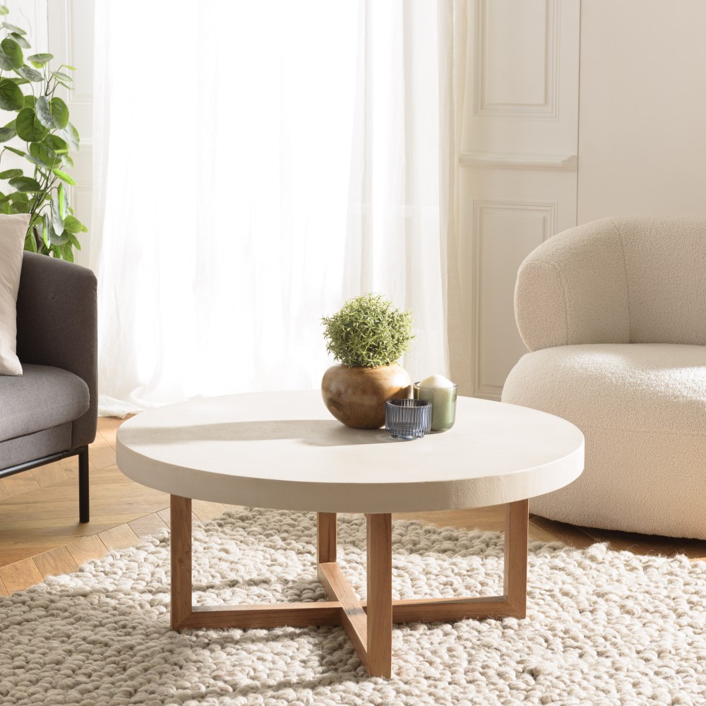 Table basse ronde DAK en béton beige et teck 92x92cm Table basse ronde DAK en béton beige et teck 92x92cm