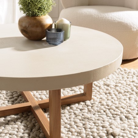 WALLY Round Coffee Table 92x92cm - Beige Concrete & Teak Legs