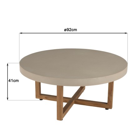 Table basse ronde WALLY en béton beige et teck 92x92cm