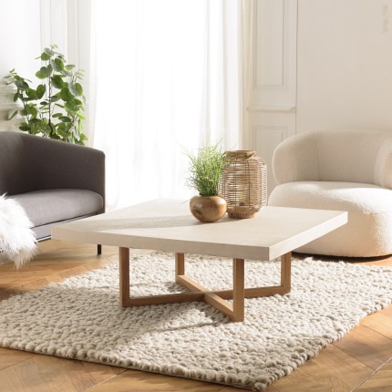 DAK Square Coffee Table 107x107cm - Beige Concrete & Teak Legs