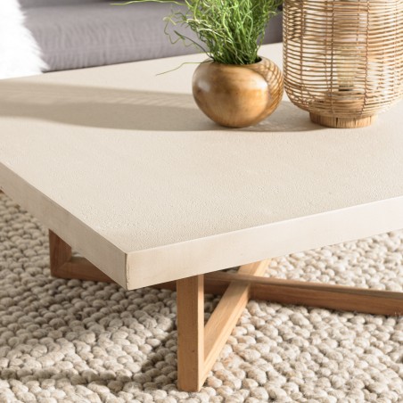 WALLY Square Coffee Table 107x107cm - Beige Concrete & Teak Legs