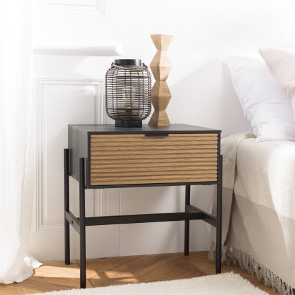 CHARLIE Brown and Black Bedside Table - 1 Drawer & Metal Legs