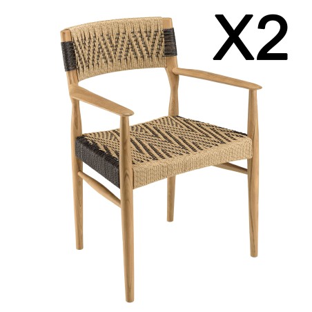 Lot de 2 fauteuils jardin VALERIA - Teck et rotin synthétique beige/noir