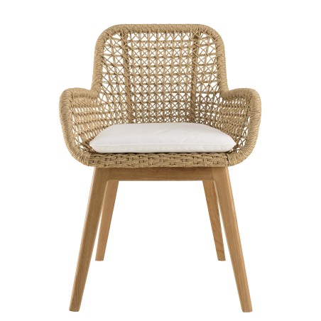 VALERIA Set of 2 Garden Armchairs - Synthetic Rattan & Teak with White Cushion