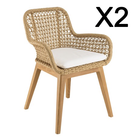VALERIA Set of 2 Garden Armchairs - Synthetic Rattan & Teak with White Cushion
