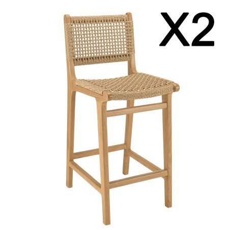 Lot de 2 tabourets bar de jardin teck rotin beige