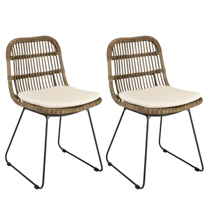 Lot 2 chaises rotin grisé coussin blanc métal noir