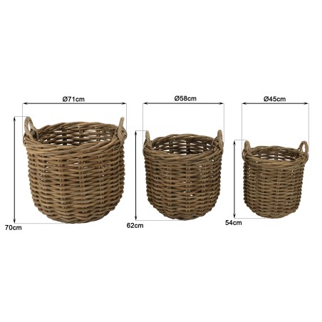 KALLY - Set of 3 Round Storage Baskets in Natural Rattan