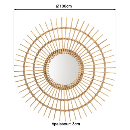 Miroir rond en rotin KALLY 100cm - Modèle soleil brun miel