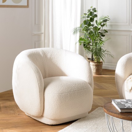 Fauteuil arrondi LEOPOLD en tissu bouclette écru