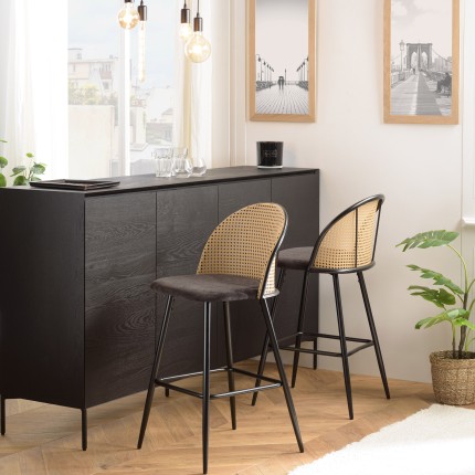 LEA - Set of 2 Island Stools with Black Fabric and Cane Backrests