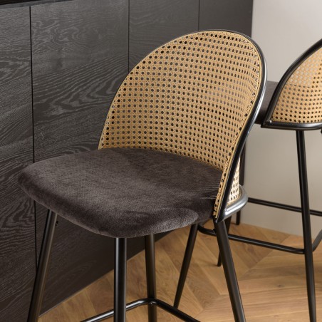 Lot de 2 tabourets d'îlot LEA - Assise tissu noir - Dossier effet cannage