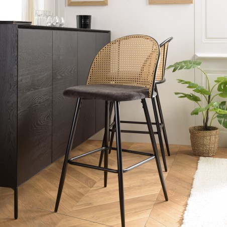 Lot de 2 tabourets d'îlot LEA - Assise tissu noir - Dossier effet cannage