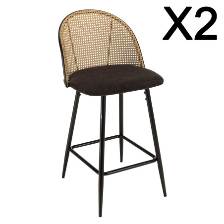 Lot de 2 tabourets d'îlot LEA - Assise tissu noir - Dossier effet cannage