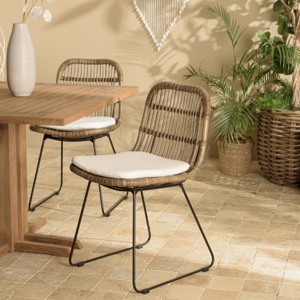 KALLY - Set of 2 Grey Rattan Chairs with White Cushions and Black Metal Legs
