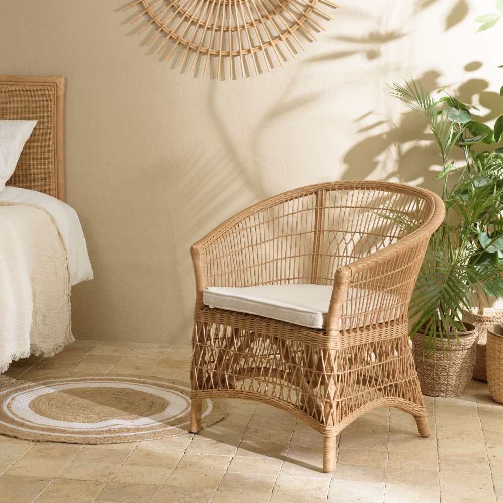 KALLY Natural Rattan Armchair with White Seat Cushion KALLY Natural Rattan Armchair with White Seat Cushion