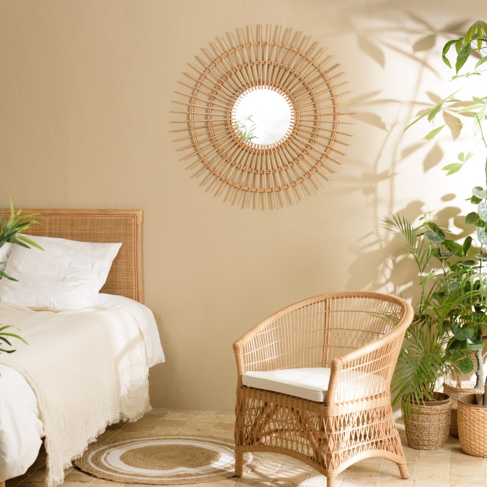 KALLY Round Mirror 100 cm - Sun Design, Honey Brown Rattan KALLY Round Mirror 100 cm - Sun Design, Honey Brown Rattan