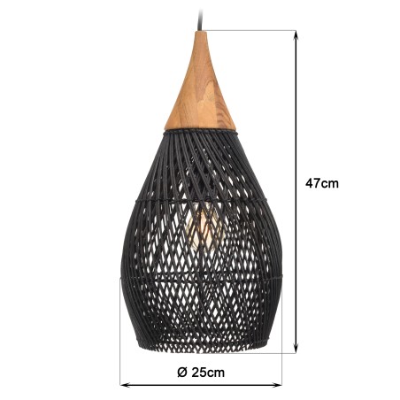 SIXTINE 'Drop' Pendant Light 25x25cm - Black Rattan & Teak