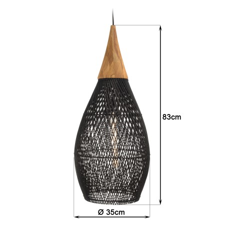 SIXTINE 'Drop' Pendant Light 35x35cm in Black Rattan and Teak