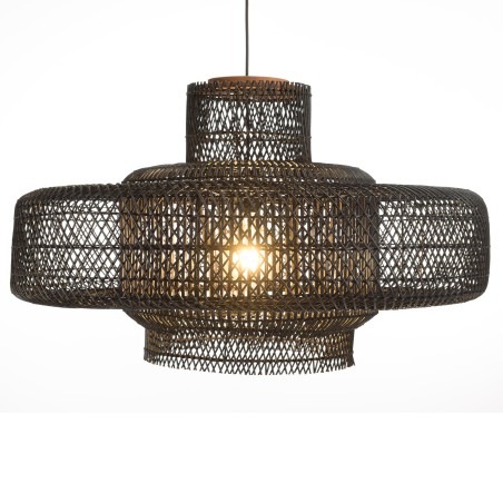 SIXTINE Double Pendant Light - Black Rattan & Teak - 90x90cm
