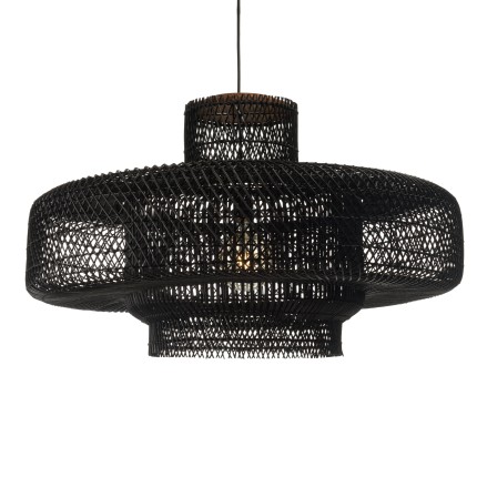 SIXTINE Double Pendant Light - Black Rattan & Teak - 90x90cm