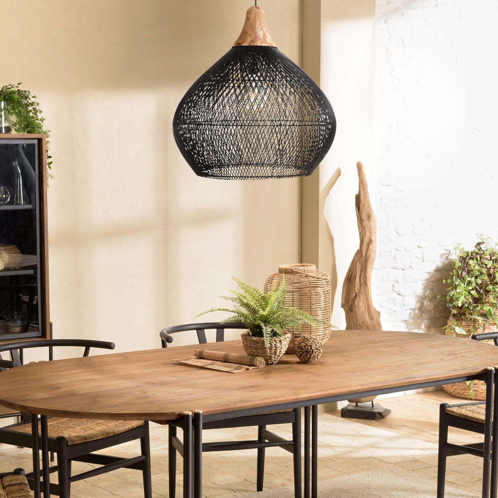 SIXTINE 'Bell' Pendant Light - Black Rattan & Teak - 68 x 68 cm SIXTINE 'Bell' Pendant Light - Black Rattan & Teak - 68 x 68 cm