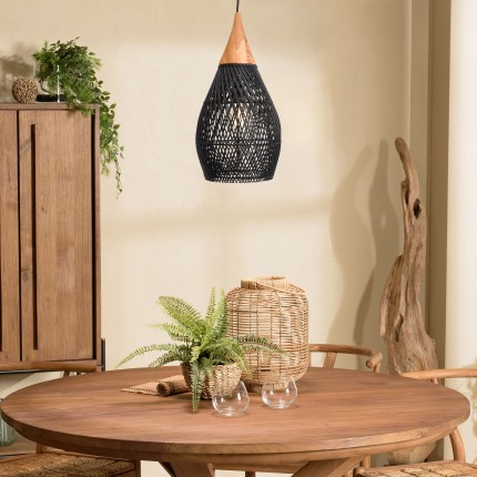 SIXTINE 'Drop' Pendant Light 25x25cm - Black Rattan & Teak
