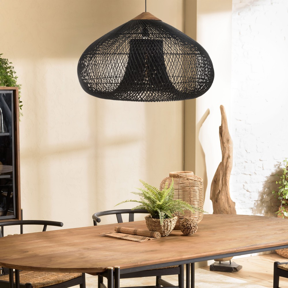 SIXTINE 'Funnel' Pendant Light 80x80cm Black Rattan/Teak - Elegant and Modern Design SIXTINE 'Funnel' Pendant Light 80x80cm Black Rattan/Teak - Elegant and Modern Design