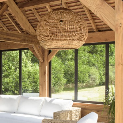Suspension SIXTINE en abaca naturel et teck 83x83cm