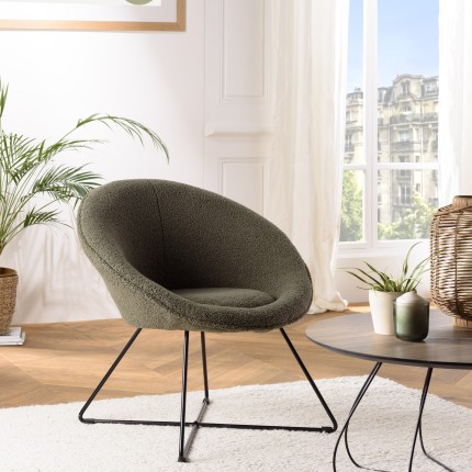 Fauteuil AGATHE - Tissu bouclette vert kaki