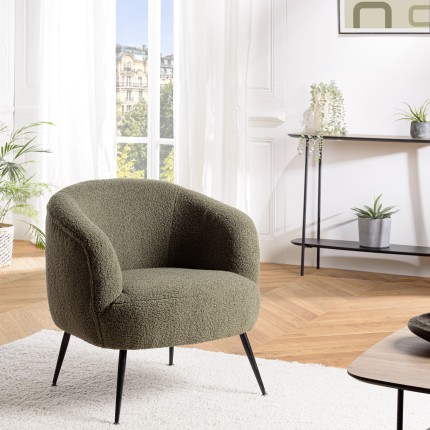 Fauteuil AGATHE - Tissu bouclette vert kaki et métal noir