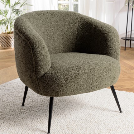 Fauteuil AGATHE - Tissu bouclette vert kaki et métal noir