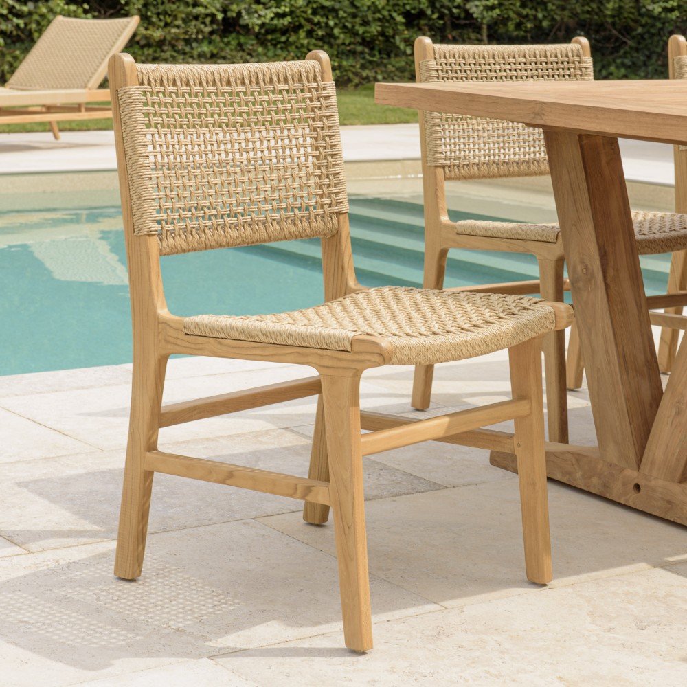 VALERIA Set of 2 Teak Garden Chairs - Beige Rattan VALERIA Set of 2 Teak Garden Chairs - Beige Rattan