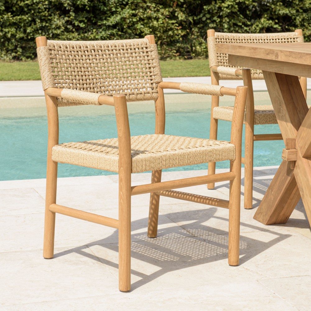 VALERIA - Set of 2 Garden Armchairs | Beige Synthetic Rattan & Teak VALERIA - Set of 2 Garden Armchairs | Beige Synthetic Rattan & Teak