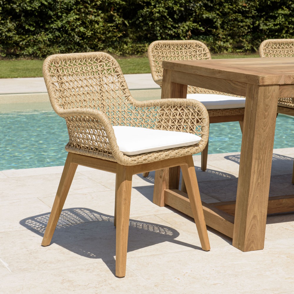VALERIA Set of 2 Garden Armchairs - Synthetic Rattan & Teak with White Cushion VALERIA Set of 2 Garden Armchairs - Synthetic Rattan & Teak with White Cushion