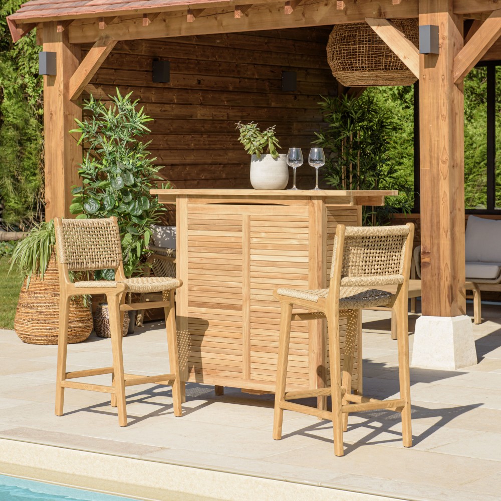 Lot de 2 tabourets bar de jardin teck rotin beige Lot de 2 tabourets bar de jardin teck rotin beige